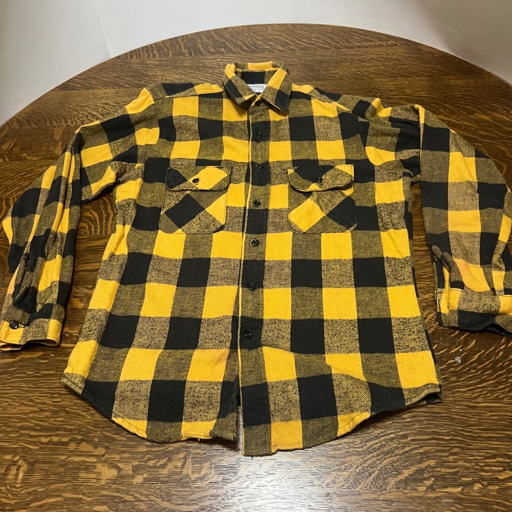 Five Brother Flannel Shirt Mens M Yellow Black Buffalo Check Heavyweight USA